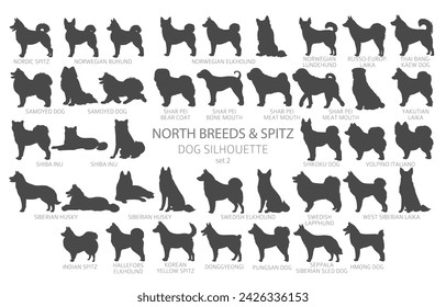 Dog breeds silhouettes simple style clipart. North breeds and Spitz collection.  Vector illustration