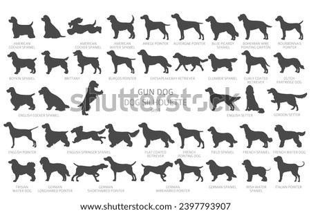 Dog breeds silhouettes, simple style clipart. Hunting dogs, Gun dogs collection. Vector illustrations