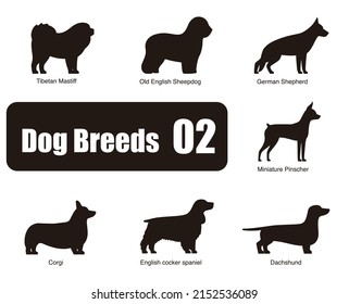 Dog breeds, standing on the ground, side view ,silhouette, black and white, vector illustration, dog cartoon image series