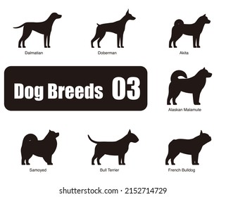 Dog breeds, standing on the ground, side view ,silhouette, black and white, vector illustration, dog cartoon image series