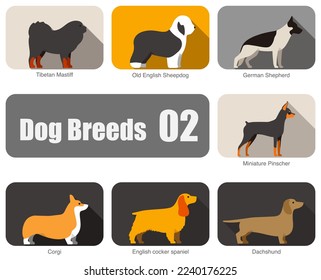 Dog breeds, standing on the ground, side view, vector illustration, dog cartoon image series