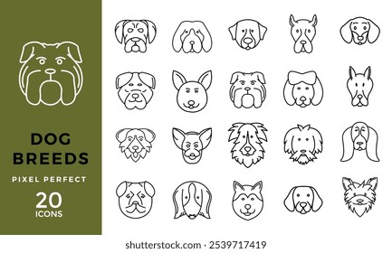 Dog Breeds and Varsities Icon Set Collection with Most Popular Dogs, Pixel Perfect Vector Symbols