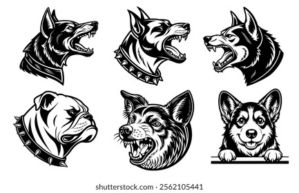 Dog breeds vector illustration. Different dogs head portrait hand drawn black on white background. Aggressive dog head