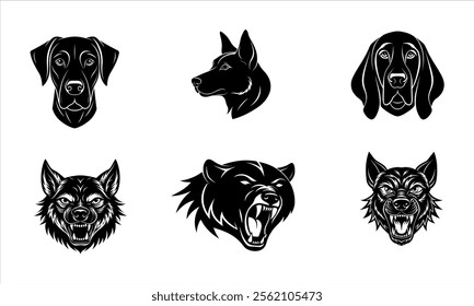 Dog breeds vector illustration. Different dogs head portrait hand drawn black on white background. Aggressive dog head