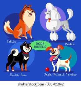 dog breeds vector set. Cartoon personages. Isolated on blue background