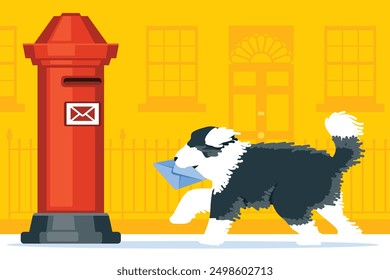 The dog brings the mail to the mailbox. A big dog is running and carrying a letter in its mouth.