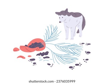 Dog, broken house plant pot and dirty paw prints vector illustration on white background. Disorder made by naughty dog. Pet mess and bad behavior concept. Canine animal knock over, damage flower pot. svg