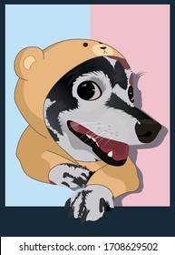 A dog in a brown teddy bear costume peeks out of the screen with his tongue out. Vector illustration in high quality. Print on clothes