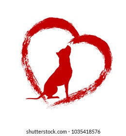 Dog in brush heart vector illustration American Pit Bull Terrier silhouette