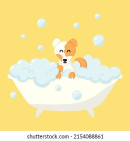Dog in a bubble bath. Pet care. Bathing the dog in the bathroom. Vector illustration in cartoon style. svg