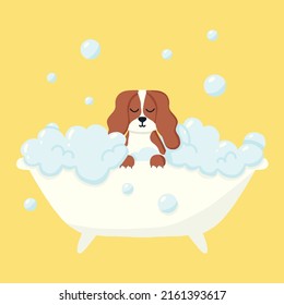 Perro en un baño de burbujas. Cuidado con las mascotas. Bañando al perro en el baño. Ilustración vectorial al estilo de las caricaturas.