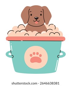 Cachorro em banho de bolha. Limpeza de animais. Ilustração de vetor plano.