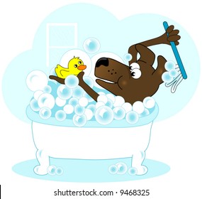 Dog in a bubble bath with a yellow rubber ducky.Vector