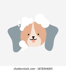 Dog with bubble at Groomer Salon Dogs friendly area. Pet Hair Salon, Styling and Grooming Shop Store. Cute Design vector elements illustration