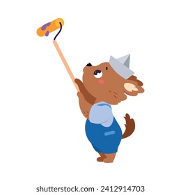 Dog Builder Character Paint Wall with Roller Vector Illustration