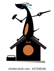 Dog a builder. Comic dog holds a hammer and hacksaw and renovates doghouse 
