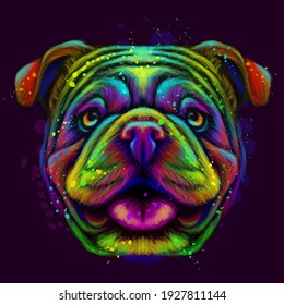 Dog bulldog. Abstract, neon portrait of an bulldog in watercolor style on a dark purple background. Digital vector graphics.