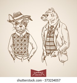 Dog bulldog businessmen portraits hipster style human like clothes accessory wearing pullover suit vest. Engraving pen pencil crosshatch hatching paper painting retro vintage vector illustration.