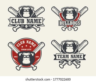 Dog bulldog head sport logo. Set of baseball emblems, badges, logos and labels. Design element for company logo, label, emblem, apparel or other merchandise. Scalable and editable Vector illustration.