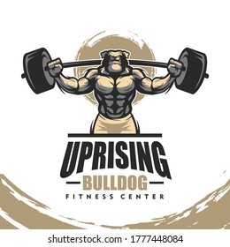 Dog bulldog k9 with strong body, fitness club or gym logo. Design element for company logo, label, emblem, apparel or other merchandise. Scalable and editable Vector illustration.