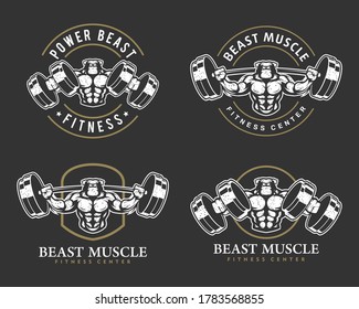Dog bulldog k9 with strong body, fitness club or gym logo set. Design element for company logo, label, emblem, apparel or other merchandise. Scalable and editable Vector illustration.