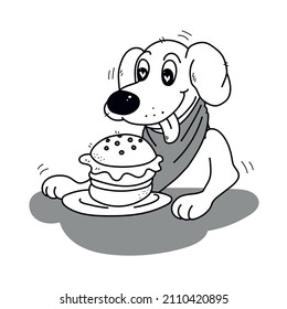 Dog with burger, funny vector cartoon illustration