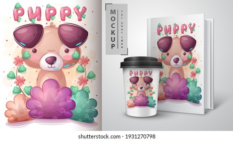 Dog in bush poster and merchandising. Vector eps 10