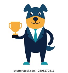 Dog Business Mascot with Trophy |.Vector Line Art, Silhouette, Color