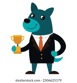 Dog Business Mascot with Trophy |.Vector Line Art, Silhouette, Color