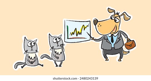 Dog business trainer teaches cats right investment, financial literacy, and how to make money in stock market. Cats listen to lecture of smart dog. Successful and funny pets. Hand drawn vector design