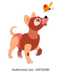 Dog and butterfly. Vector drawing. Illustration of the children's book.