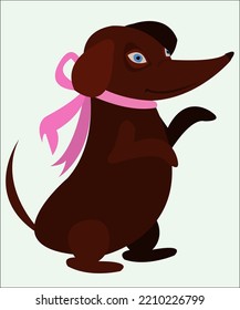 A dog by breed dachshund with a pink ribbon. This logotype can be used for pet companies. Vector illustration, isolated.
