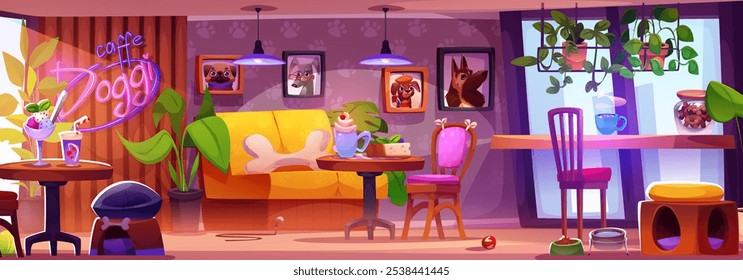 Dog cafe business. Table in pet restaurant cartoon illustration. Lunch with puppy in modern interior with bowl, counter and chair. Animal friendly dinner place with dessert meal and picture in frame