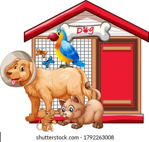 Dog cage with animal group cartoon isolated illustration