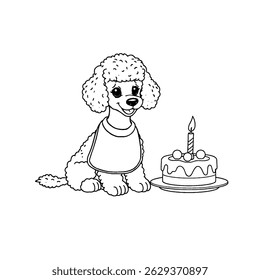 A Dog with a cake and candles on the cake. Dog is having a birthday. , coloring book for kids. Cute Cartoon Dog Coloring. Educational Game for Kids. Vector illustration.
