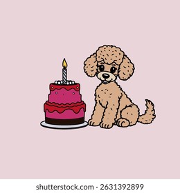 A Dog with a cake and candles on the cake. Dog is having a birthday. , coloring book for kids. Cute Cartoon Dog Coloring. Educational Game for Kids. Vector illustration.