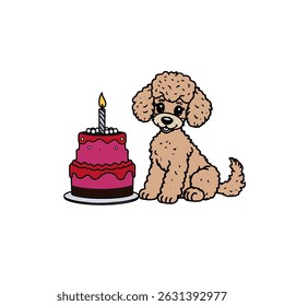 A Dog with a cake and candles on the cake. Dog is having a birthday. , coloring book for kids. Cute Cartoon Dog Coloring. Educational Game for Kids. Vector illustration.