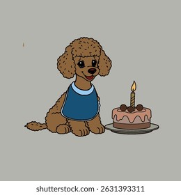 A Dog with a cake and candles on the cake. Dog is having a birthday. , coloring book for kids. Cute Cartoon Dog Coloring. Educational Game for Kids. Vector illustration.