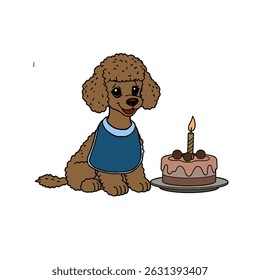 A Dog with a cake and candles on the cake. Dog is having a birthday. , coloring book for kids. Cute Cartoon Dog Coloring. Educational Game for Kids. Vector illustration.