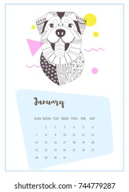 Dog calendar 2018. Zentangle style. Coloring book for adult, antistress coloring pages. Hand drawn vector isolated illustration on white background. Henna mehendi, tattoo sketch