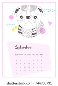 Dog calendar 2018. Zentangle style. Coloring book for adult, antistress coloring pages. Hand drawn vector isolated illustration on white background. Henna mehendi, tattoo sketch. 