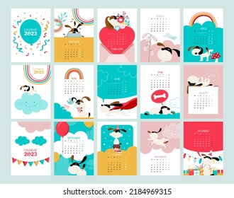 Calendario de perros 2023. Calendario decorativo. Colección con 12 perros. Diseño minimalista. Patrón sin foco dentro. Estilo plano en ilustración vectorial