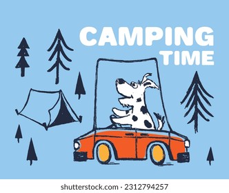 Camión de acampada de perro divertido diseño de estampado de camisetas de verano fresco. Viaje en auto. Dibujo de animales de vacaciones en el campamento. Afiche de la guardería de la tipografía de viajes forestales para niños. Aventura de vacaciones y explorar