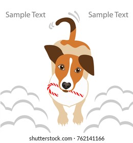 Dog with candy cane in its mouth amid snowdrifts. Happy Holidays card with glad Jack Russell Terrier. Vector illustration on white background.