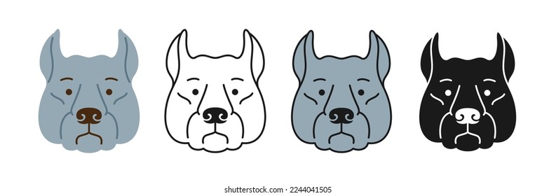 Dog Cane Corso faces cartoon character set. Cute puppy childish kawaii head symbol muzzle, line doodle, icon or silhouette. Smiling funny doggy pet baby, comic print flat sticker template vector