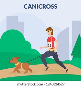 Dog canicross. A woman training dog. Cynology. Flat vector illustration