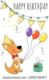 Ein Hund mit einer Kappe auf dem Kopf und einer roten Schleife um den Hals erhält eine Geschenkbox. Spaß mit Ballons. KinderGeburtstagskarte, Glückwunsch.