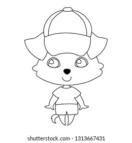 Dog in a cap with a visor, t-shirt and shorts, good character. Color image of a pet. Linear, black and white image of a pet. Vector illustration for coloring book, stencil, design, prints.