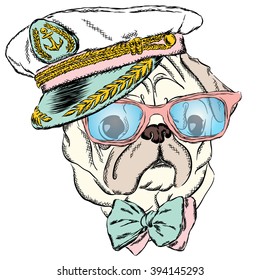 Dog in the captain's cap. Cute puppy. Vector illustration.