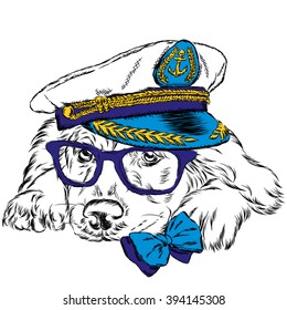 Dog in the captain's cap. Cute puppy. Vector illustration.